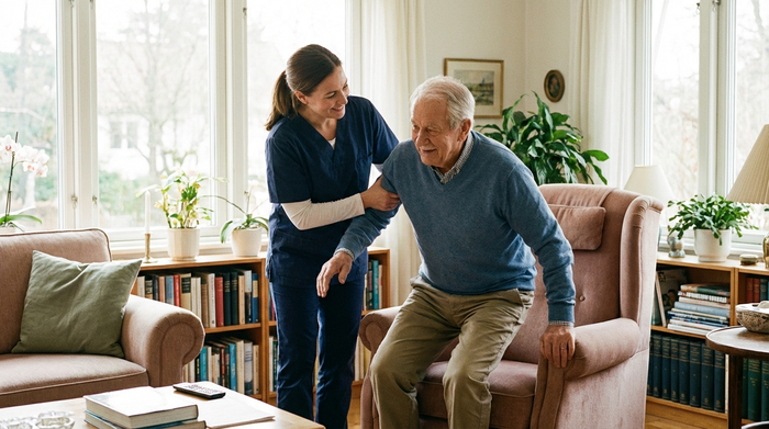Eine sympathische Pflegekraft hilft einem älteren Herrn behutsam beim Aufstehen aus einem komfortablen Sessel. Helles Wohnzimmer, vertrauensvolle Interaktion, Fokus auf die unterstützende Geste. Realistisch, klare Farben.