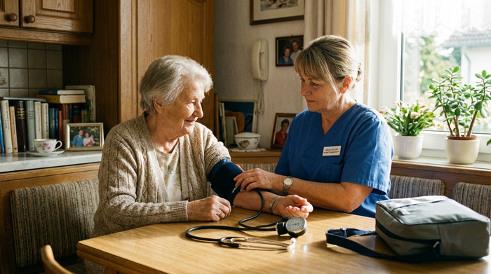 Eine examinierte Pflegekraft misst den Blutdruck einer älteren Patientin am Küchentisch. Professionelle, ruhige Szene, medizinische Ausrüstung dezent im Bild. Helles Tageslicht, fotorealistische Darstellung.