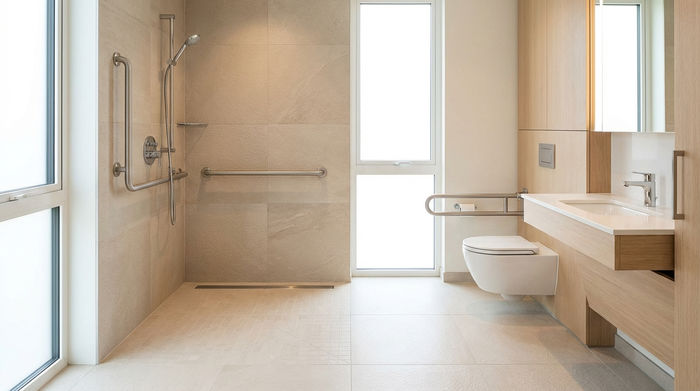 Ein modernes, barrierefreies Badezimmer mit einer ebenerdigen Dusche, rutschfesten Fliesen und stabilen Haltegriffen an den Wänden. Helles, sauberes und sicheres Umfeld für Senioren. Hochwertige Architekturfotografie.