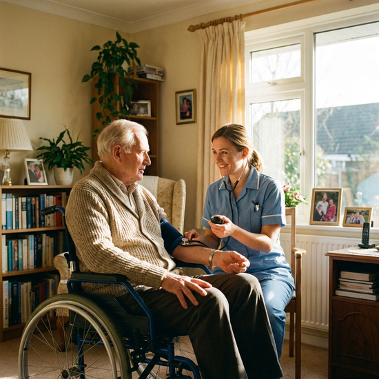 Eine engagierte Pflegekraft misst sanft den Blutdruck eines älteren Herrn im Rollstuhl in einem sonnendurchfluteten Wohnzimmer.