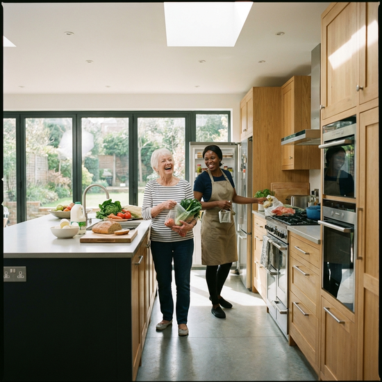 Eine Hauswirtschaftskraft hilft einer Seniorin beim Einräumen von frischen Lebensmitteln in eine moderne Küche.