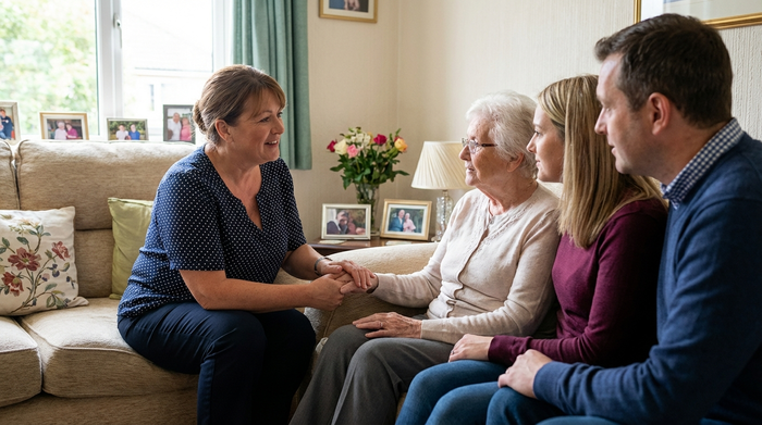 Eine erfahrene Pflegedienstleitung im Gespräch mit einer Familie auf dem Sofa. Die Atmosphäre ist respektvoll, aufmerksam und zugewandt, mit klarem Fokus auf die ältere Patientin.