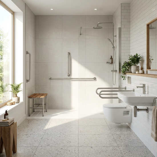 Ein helles, barrierefreies Badezimmer mit einer bodengleichen Dusche, rutschfesten Fliesen und stabilen Haltegriffen an der Wand.