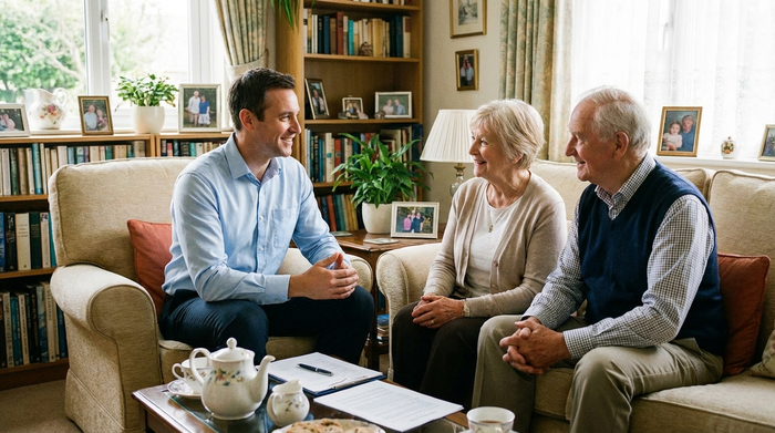 Ein sympathischer männlicher Pflegeberater in einem hellblauen Hemd sitzt im Gespräch mit einem Senioren-Ehepaar in einem gemütlichen Wohnzimmer. Er lächelt freundlich und strahlt Kompetenz und Zuversicht aus.