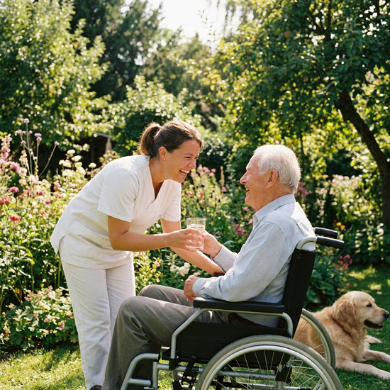 Eine liebevolle Betreuungskraft reicht einem lächelnden älteren Herrn im Rollstuhl in einem sonnigen Garten ein Glas Wasser. Fröhliche, herzliche Interaktion, gepflegte grüne Umgebung.