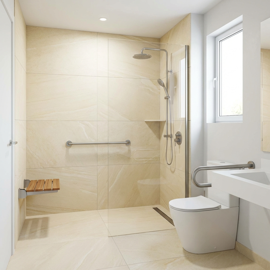 Ein modern umgebautes, barrierefreies Badezimmer mit einer großzügigen, bodengleichen Dusche. Helle Fliesen, ein eleganter Haltegriff an der Wand, saubere und sichere Umgebung ohne störende Texte.