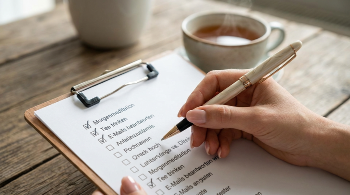 Eine gepflegte Hand hält einen Stift und hakt einen Punkt auf einer gedruckten Checkliste auf einem Klemmbrett ab. Im Hintergrund unscharf eine Tasse Tee auf einem Holztisch. Klarer Fokus auf die Aktion.