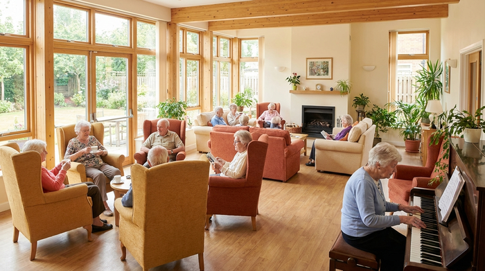Ein heller, offener Gemeinschaftsraum in einer Pflegeeinrichtung mit bequemen Sesseln, in dem Senioren entspannt beisammen sitzen. Große Fensterfronten, warme Farben, wohnliche Atmosphäre.