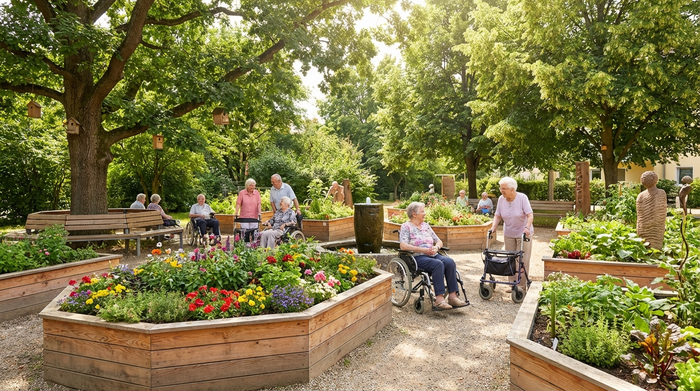 Ein liebevoll angelegter Sinnesgarten für Senioren mit rollstuhlgerechten Rundwegen, blühenden Hochbeeten und schattigen Sitzbänken unter alten Bäumen an einem sonnigen Nachmittag.