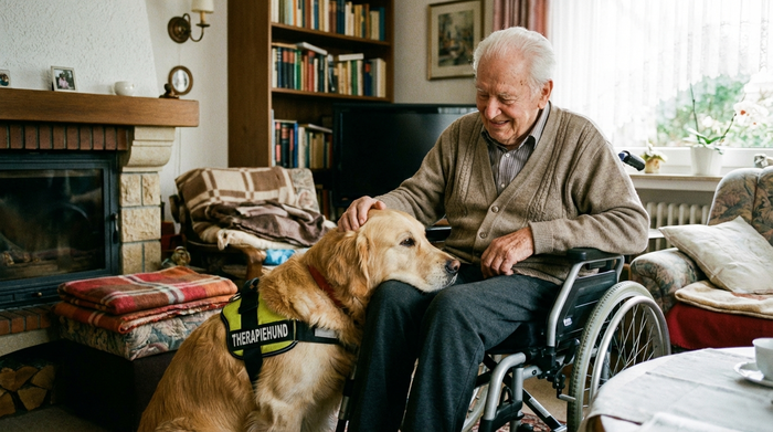 Ein freundlicher Therapiehund legt sanft seinen Kopf auf den Schoß eines lächelnden älteren Herrn im Rollstuhl. Gemütliches Zimmer, emotionale und beruhigende Stimmung.