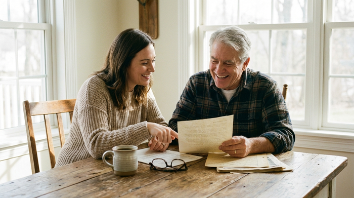 Eine erwachsene Tochter und ihr Vater sitzen gemeinsam an einem Holztisch und schauen entspannt auf einige Dokumente. Eine Tasse Kaffee steht auf dem Tisch, helle und zuversichtliche Stimmung.