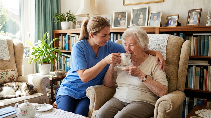 Eine professionelle Pflegekraft in blauer Kasack-Kleidung unterstützt eine ältere Dame liebevoll beim Teetrinken in deren eigenem, gemütlichen Wohnzimmer. Vertraute und sichere Umgebung.