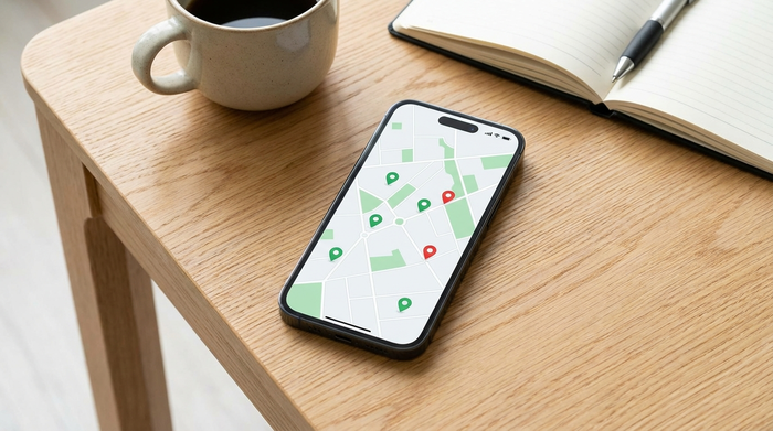 Ein modernes Smartphone liegt auf einem hellen Holztisch und zeigt eine fiktive, übersichtliche Karten-App mit grünen und roten Markierungen. Daneben eine Tasse Kaffee und ein Notizbuch mit einem Stift. Helle, aufgeräumte Szene, Fokus auf digitale Organisation ohne lesbaren Text.