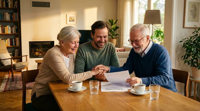 Ein älteres Ehepaar sitzt gemeinsam mit ihrem erwachsenen Sohn an einem Esstisch und betrachtet erleichtert einige Dokumente. Der Tisch ist ordentlich, im Hintergrund eine gemütliche Wohnzimmeratmosphäre. Fokus auf familiären Zusammenhalt und finanzielle Erleichterung, warme Farben.