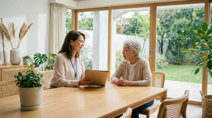 Eine freundliche, professionelle Pflegeberaterin im Gespräch mit einer Seniorin in einem modernen, lichtdurchfluteten Büro. Die Beraterin lächelt zugewandt und hält eine Mappe. Angenehme, vertrauensvolle Stimmung, helle Büroumgebung ohne Text.