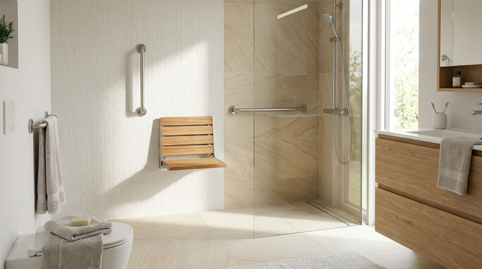 Ein modernes, helles Badezimmer mit einer bodengleichen, barrierefreien Dusche und eleganten Haltegriffen. Ein Duschklappsitz ist an der Wand montiert. Sauberes, sicheres und stilvolles Design, realistische Wohnumgebung.