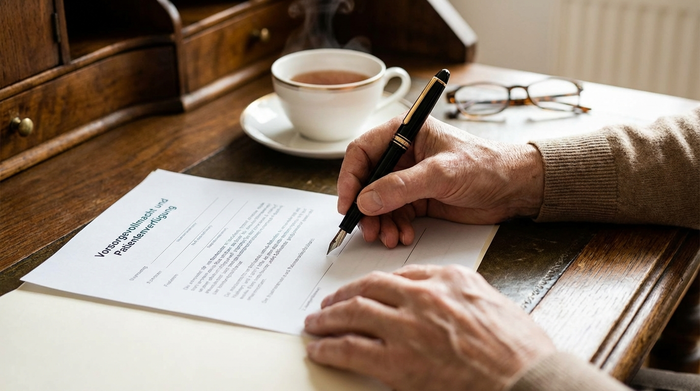 Zwei Hände, die behutsam einen Füllfederhalter halten und ein wichtiges Dokument auf einem eleganten Schreibtisch unterschreiben. Im Hintergrund unscharf eine Tasse Tee und eine Brille. Seriöse, ruhige Atmosphäre, Fokus auf rechtliche Vorsorge.
