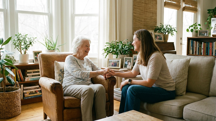 Eine lächelnde ältere Dame sitzt entspannt in einem bequemen Sessel und hält liebevoll die Hand ihrer erwachsenen Tochter. Beide wirken erleichtert und glücklich in einem hellen, aufgeräumten Wohnzimmer.