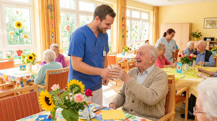 Ein freundlicher Pfleger reicht einem älteren Herrn ein Glas Wasser. Sie befinden sich in einem hellen, freundlichen Speisesaal mit liebevoll gedeckten Tischen und frischen Blumen.