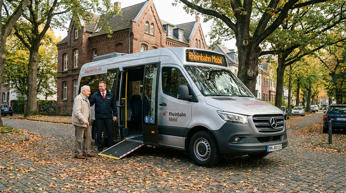 Ein moderner, geräumiger Kleinbus steht an einer ruhigen, von Bäumen gesäumten Straße in Düsseldorf. Ein hilfsbereiter Fahrer unterstützt einen fröhlichen Senior beim sicheren Einsteigen in das Fahrzeug.