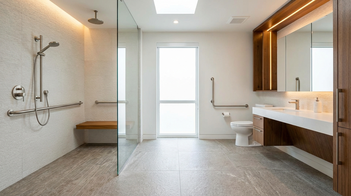 Ein modernes, helles und barrierefreies Badezimmer mit einer großzügigen, bodengleichen Dusche, eleganten Haltegriffen und rutschfesten Fliesen. Die Ausstattung wirkt hochwertig und sicher.