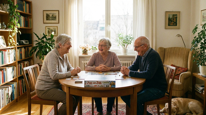 Drei fröhliche Senioren spielen gemeinsam ein Brettspiel an einem runden Tisch. Sie lachen herzlich miteinander. Der Raum ist lichtdurchflutet und mit gemütlichen Möbeln ausgestattet.