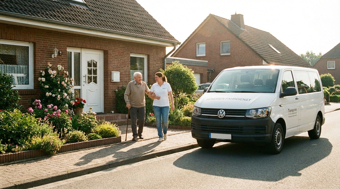 Ein geduldiger Fahrer begleitet einen älteren Herrn mit Gehstock behutsam von der Haustür eines gepflegten Einfamilienhauses zu einem wartenden weißen Transportfahrzeug. Warme Morgensonne beleuchtet die friedliche Szene.