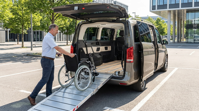 Ein moderner, geräumiger Kleinbus mit geöffneten Hecktüren und einer ausgefahrenen, stabilen Rollstuhlrampe. Ein Fahrer schiebt behutsam einen leeren Rollstuhl in den hellen Innenraum des Fahrzeugs.