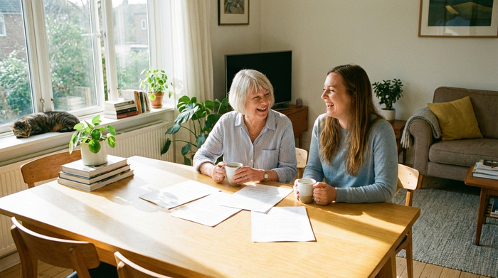 Eine ältere Frau und ihre Tochter sitzen entspannt an einem hellen Holztisch im Wohnzimmer und trinken Kaffee, während sie lächelnd in Papiere blicken. Die Atmosphäre ist erleichtert und harmonisch.
