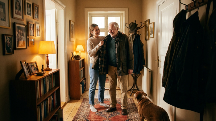 Eine fürsorgliche Tochter steht mit ihrem Vater im Flur, hält ihm liebevoll die Jacke auf und bereitet ihn in einer gemütlichen, gut beleuchteten Wohnung auf die Abholung vor.