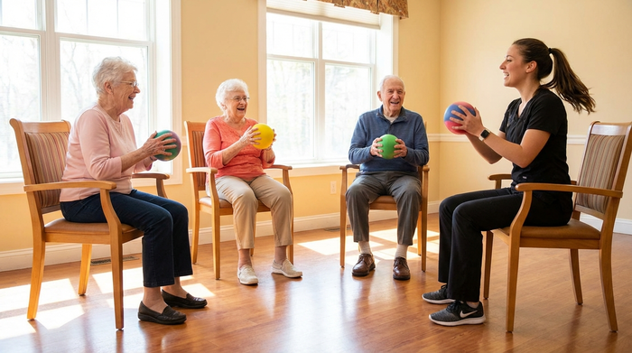 Zwei ältere Damen und ein Herr sitzen im Kreis und machen leichte Sitzgymnastik mit bunten, weichen Bällen. Eine junge, motivierende Therapeutin macht die Übungen vor. Heller Raum mit Holzboden.