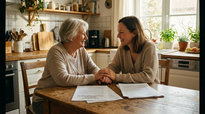 Eine ältere Frau und ihre erwachsene Tochter sitzen am Küchentisch und schauen entspannt und erleichtert auf einige Papiere. Die Tochter hält die Hand der Mutter. Warme, familiäre Atmosphäre.