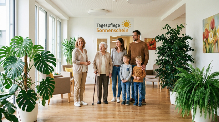 Eine freundliche Pflegeleiterin zeigt einer interessierten Familie mit einer älteren Dame die hellen, freundlichen Räumlichkeiten einer modernen Tagespflegeeinrichtung. Sie stehen im Eingangsbereich mit vielen grünen Zimmerpflanzen.