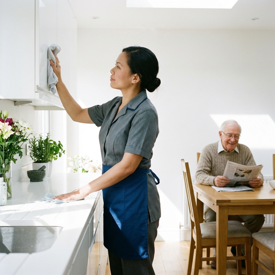 Eine professionelle Reinigungskraft in gepflegter Arbeitskleidung wischt mit einem weichen Tuch behutsam eine helle Küchenzeile. Im Hintergrund sitzt ein älterer Herr entspannt am Esstisch. Helles, freundliches Licht, realistische Szene ohne Text.