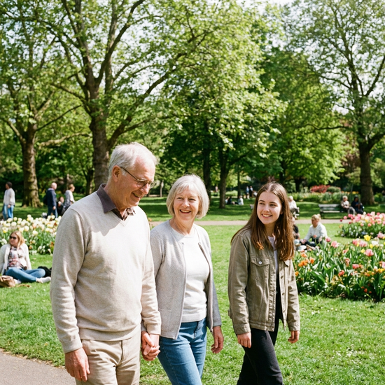 Ein älteres Ehepaar spaziert gemeinsam mit einer jungen, freundlichen Alltagsbegleiterin durch einen sonnigen, grünen Park. Alle lächeln und genießen das gute Wetter. Entspannte und sichere Atmosphäre, keine Schriftzüge.