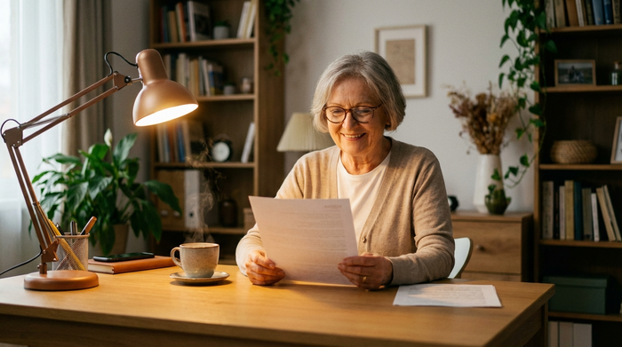Eine ältere Dame sitzt an einem aufgeräumten Schreibtisch und schaut zufrieden auf ein Dokument in ihren Händen. Neben ihr steht eine Tasse Kaffee. Warme Beleuchtung, gemütliches Arbeitszimmer, realistisch, keine lesbaren Texte.