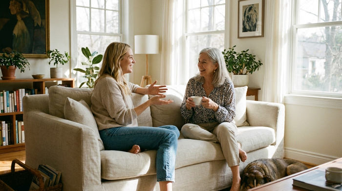 Zwei Frauen sitzen gemütlich auf einem hellen Sofa im Wohnzimmer und unterhalten sich angeregt bei einer Tasse Kaffee. Die jüngere Frau hat eine offene und freundliche Körperhaltung. Harmonische Stimmung, tageslichtdurchfluteter Raum.