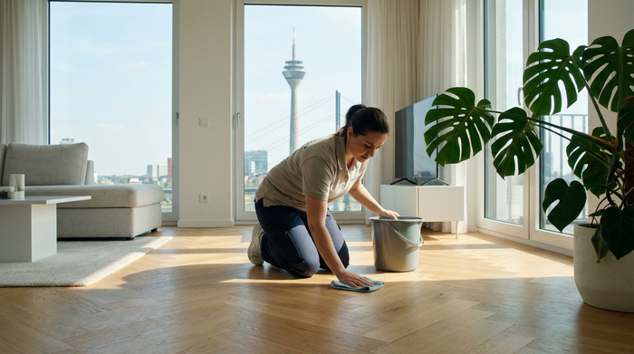 Eine ordentliche, fokussierte Reinigungskraft wischt den hellen Parkettboden in einem modernen Düsseldorfer Wohnzimmer. Im Hintergrund stehen saubere Möbel und eine grüne Zimmerpflanze.