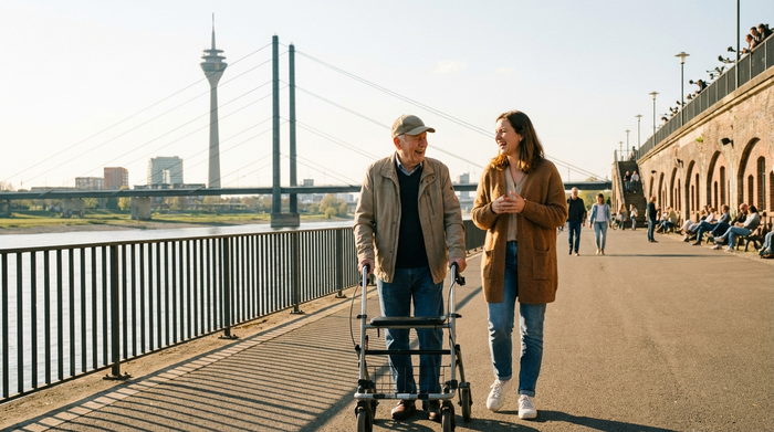 Eine empathische Alltagsbegleiterin spaziert mit einem fröhlichen Senior am sonnigen Rheinufer in Düsseldorf. Der Senior nutzt einen Rollator, beide unterhalten sich angeregt.