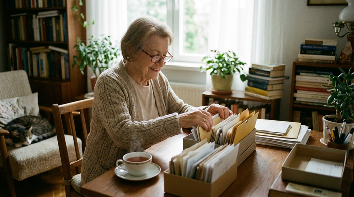 Eine ältere Dame sitzt am Schreibtisch und ordnet übersichtlich Dokumente und Briefe. Eine Tasse Tee steht daneben, die Atmosphäre ist ruhig und entspannt.