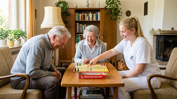 Zwei ältere Menschen und eine junge Betreuerin spielen gemeinsam vergnügt ein Brettspiel im Wohnzimmer. Alle lachen herzlich miteinander in einer gemütlichen Umgebung.