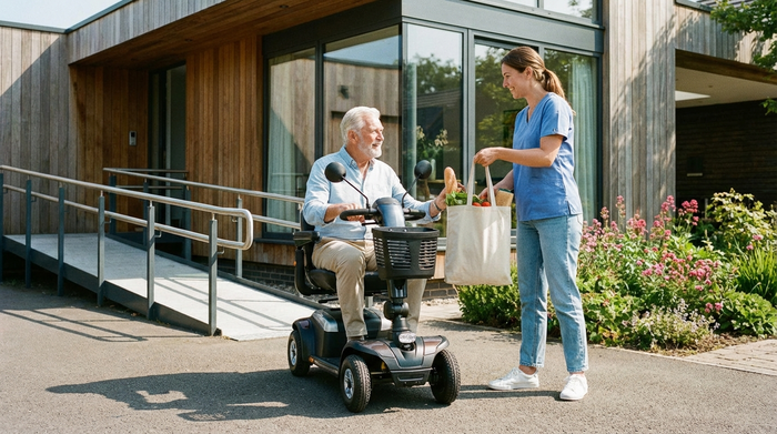 Ein gepflegter älterer Herr sitzt sicher in einem modernen Elektromobil vor seinem Haus. Eine freundliche Assistentin reicht ihm eine Einkaufstasche und lächelt.