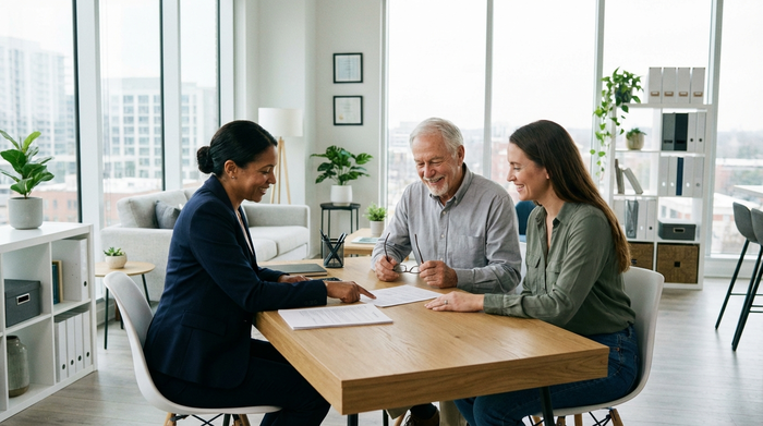 Ein älterer Herr und seine erwachsene Tochter sitzen an einem aufgeräumten Schreibtisch und schauen gemeinsam mit einem Berater in Dokumente. Seriöse, vertrauensvolle Atmosphäre in einem modernen Büro.