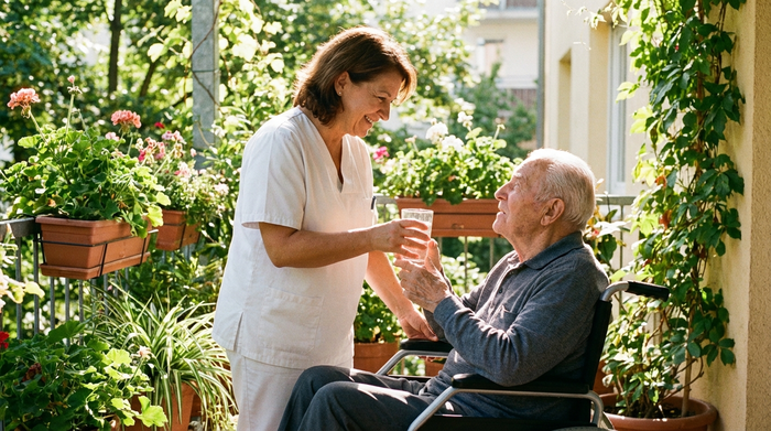 Eine liebevolle Pflegekraft reicht einem älteren Mann im Rollstuhl auf einer sonnigen Terrasse ein Glas Wasser. Friedliche Stimmung, umgeben von grünen Pflanzen.