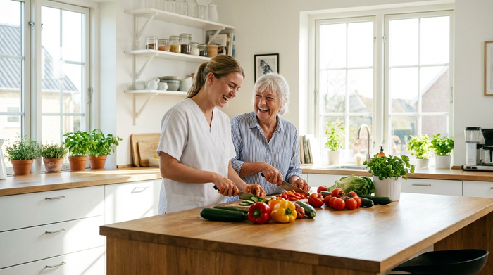Eine junge Betreuungskraft und eine Seniorin kochen gemeinsam in einer hellen, sauberen Küche. Sie schneiden frisches Gemüse und lachen dabei herzlich.