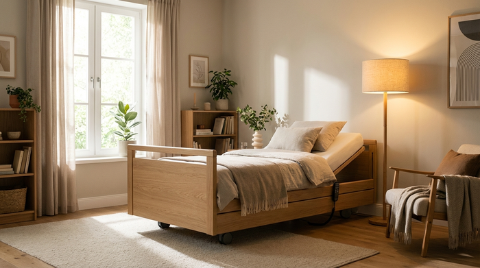 Ein gemütlich eingerichtetes, helles Schlafzimmer mit einem modernen, elektrisch höhenverstellbaren Pflegebett aus hellem Holz. Eine warme Stehlampe leuchtet im Hintergrund und sorgt für eine beruhigende Atmosphäre.