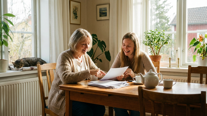 Eine ältere Dame sitzt entspannt am heimischen Esstisch und bespricht mit ihrer Tochter verschiedene Dokumente. Helles Tageslicht fällt durch das große Fenster und beleuchtet die harmonische Szene.