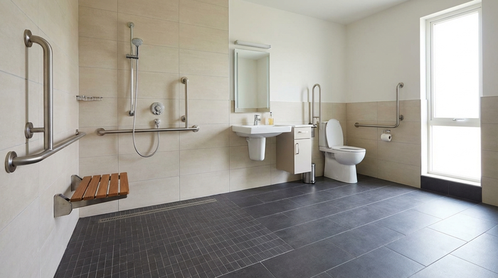 Ein barrierefreies, modernes Badezimmer mit einer großzügigen, bodengleichen Dusche. An den hellen Wänden sind sichere Edelstahl-Haltegriffe angebracht, der Boden besteht aus rutschfesten, anthrazitfarbenen Fliesen.