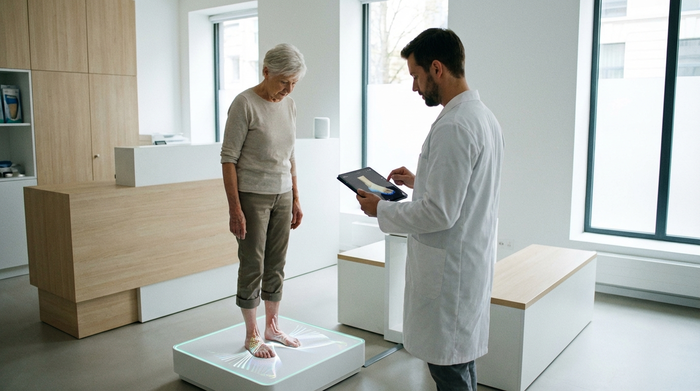 Ein moderner, sauberer Raum in einem Sanitätshaus. Eine ältere Person steht barfuß auf einer beleuchteten, digitalen 3D-Scan-Plattform. Ein Orthopädietechniker in weißem Kittel schaut konzentriert auf ein Tablet. Realistische Szene, helles Licht, keine Beschriftungen.
