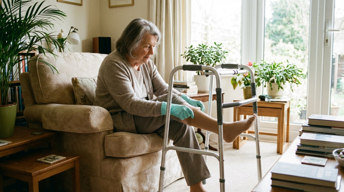 Eine ältere Dame sitzt bequem auf einem Sessel in ihrem hellen Wohnzimmer und nutzt ein metallenes Gestell als Anziehhilfe, um mühelos in ihren Kompressionsstrumpf zu schlüpfen. Sie trägt spezielle Gummihandschuhe. Ruhige, alltägliche Szene.